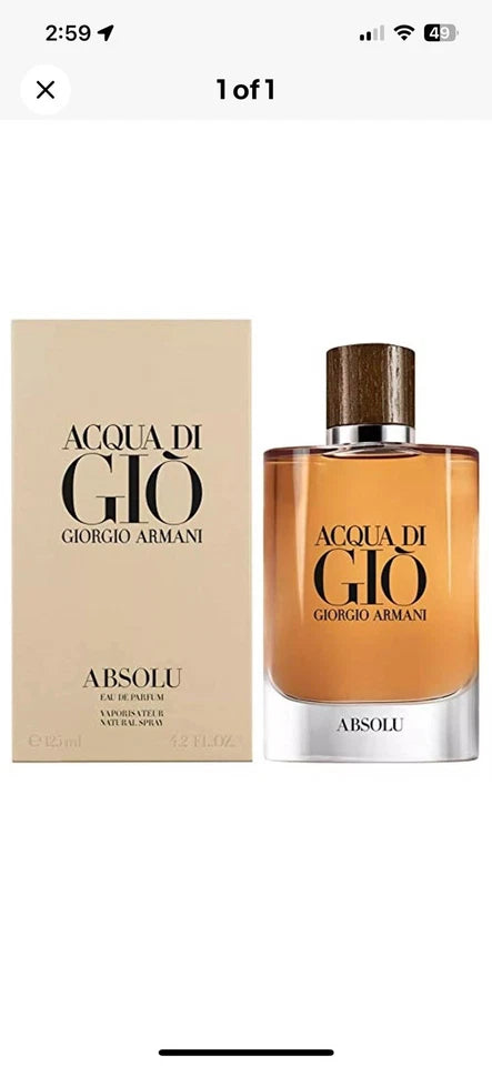 Acqua Di Gio Absolu by Giorgio Armani Men Eau de Parfum EDP 4.2 oz / 125ml New In Box