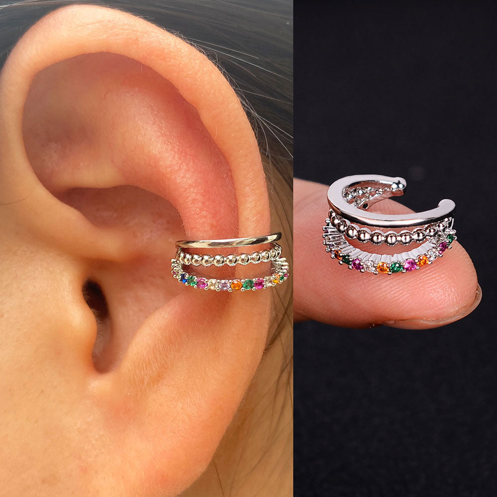 1Pc Hollow Geometry Rainbow CZ Cuff Wrap Clip On Earrings Women Girls Climber Ear Cartilage Bone Clips Fake Earring Non Piercing